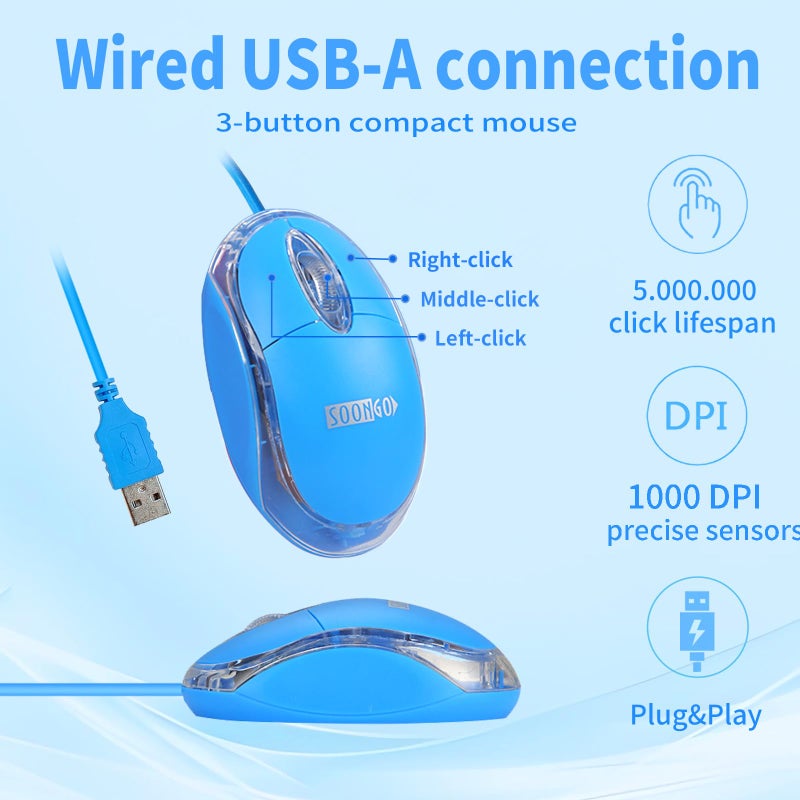 SOON GO SOONGO Kids Mouse for Laptop USB Ergonomic Optical Mouse Blue Color 1.5M Cable - Image 3
